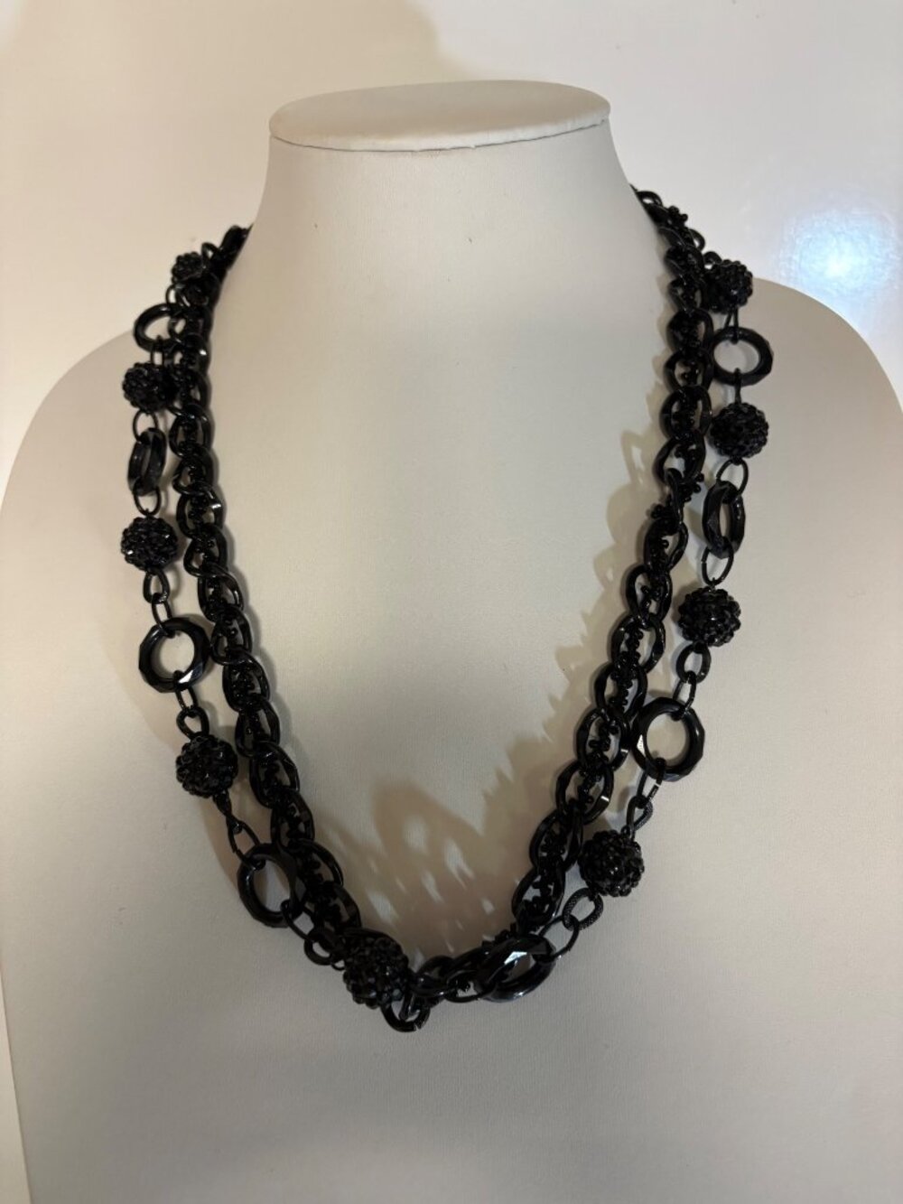 Black Multi-Strand Necklace Textured Beaded Spheres Interlocking Ring Links